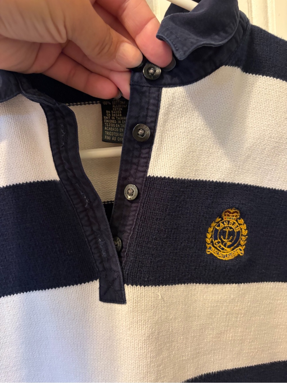 Lauren Ralph Lauren Women’s XL Navy White Striped Rugby Sweater Nautical Crest - Picture 7 of 8